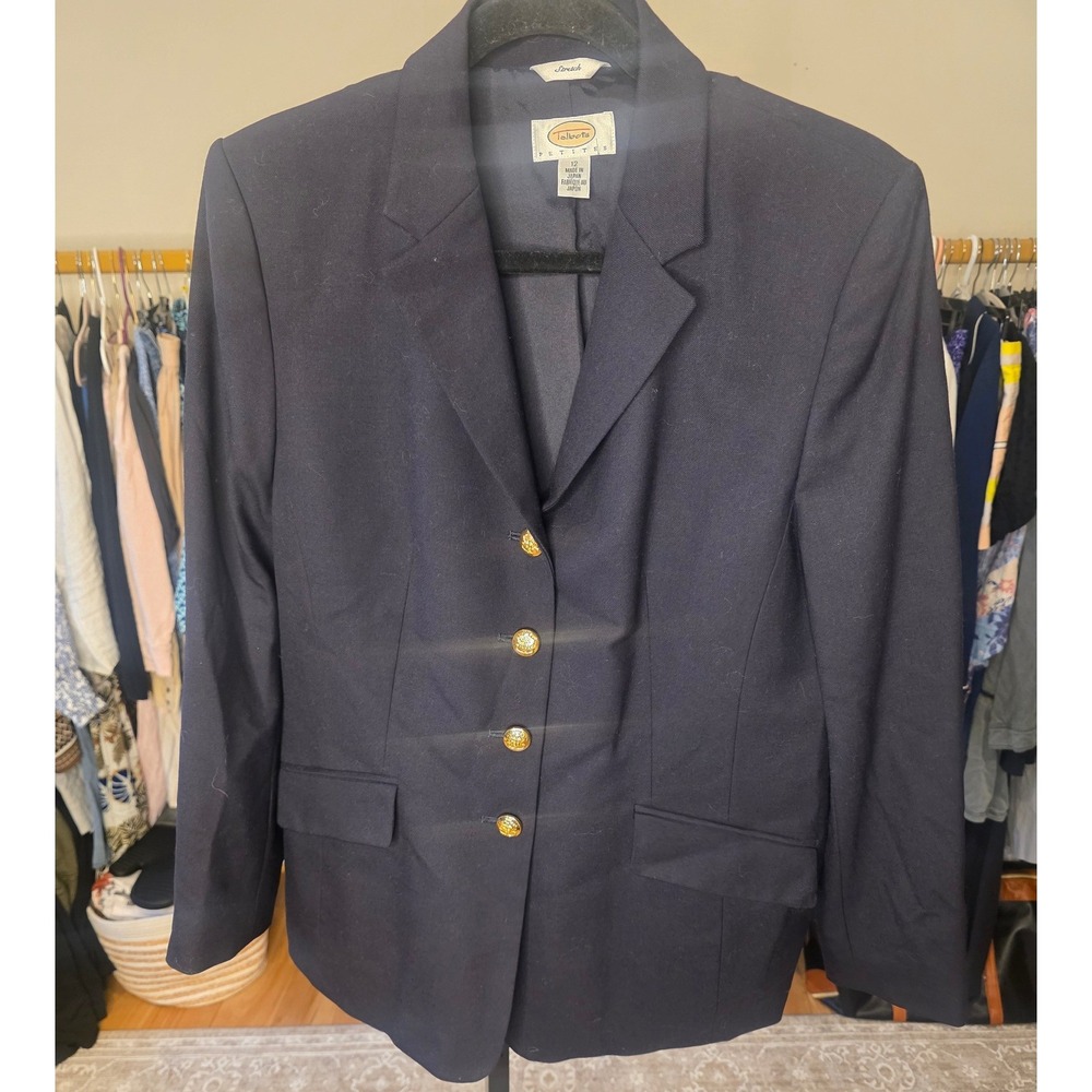 Talbots Petites Navy Blue Gold Crest Button Blazer Womens 12P Acadamia Office